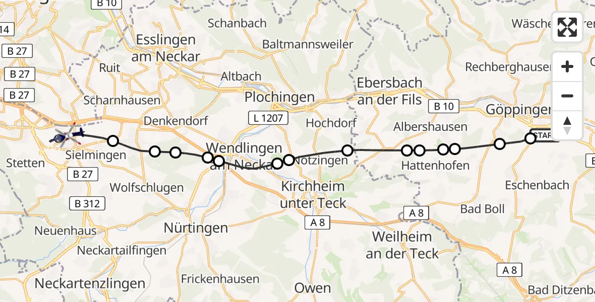 Flugroute Polizeihubschrauber Göppingen - Flughafen Stuttgart, 20 August 2026, 16:08