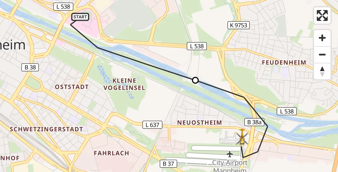Flugroute Rettungshubschrauber Mannheim - Mannheim-City Flughafen, 20 August 2026, 16:20
