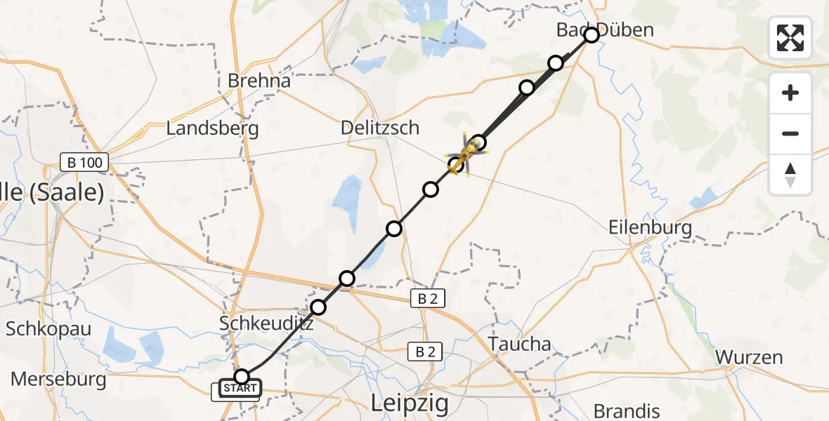 Flugroute Rettungshubschrauber ADAC Air Rescue Station Leipzig/Schkeuditz-Dölzig Hubschrauberlandeplatz (Christoph 61) - Schönwölkau, 20 August 2026, 16:21