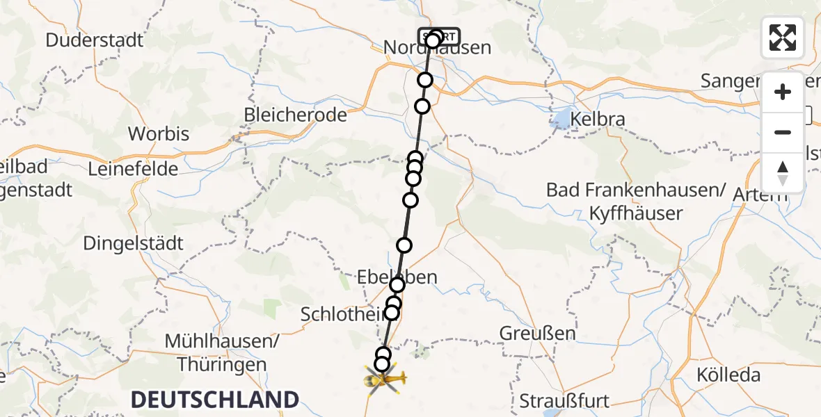 Flugroute Rettungshubschrauber Südharz Hospital Nordhausen - Kirchheilingen, 20 August 2026, 16:22