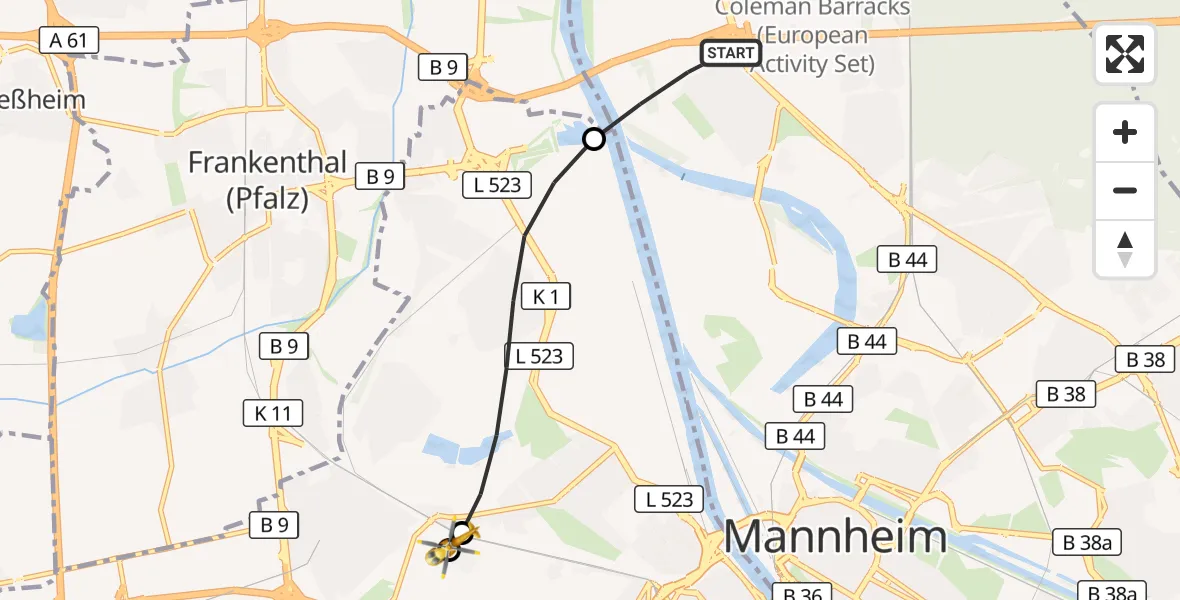 Flugroute Rettungshubschrauber Mannheim - Ludwigshafen Accident Hospital, 20 August 2026, 16:26