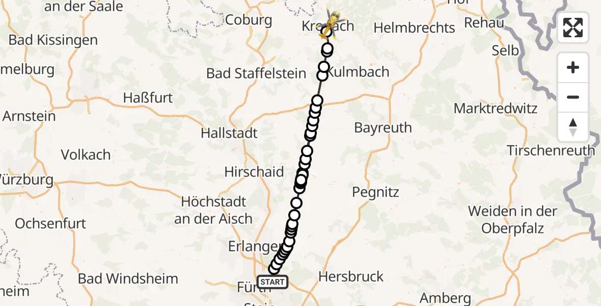 Flugroute Ambulanzhubschrauber Flughafen Nuremberg - Kronach, 20 August 2026, 16:30