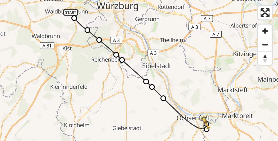 Flugroute Rettungshubschrauber Waldbüttelbrunn - Ochsenfurt Hospital, 20 August 2026, 16:36