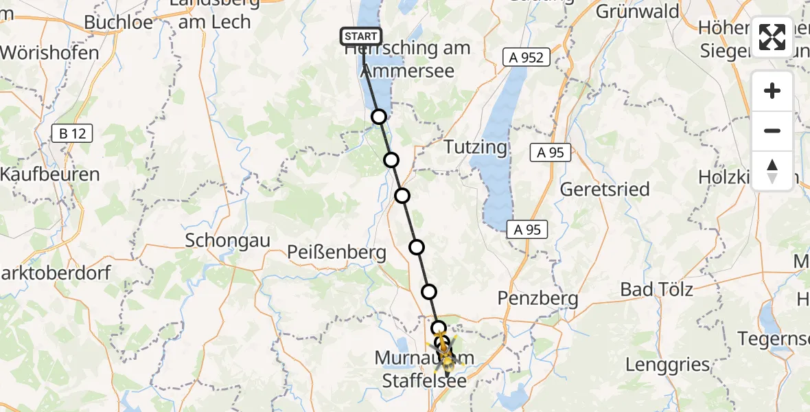 Flugroute Rettungshubschrauber Ammersee - Murnau a.Staffelsee, 20 August 2026, 16:37