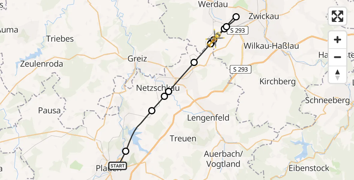 Flugroute Rettungshubschrauber Plauen - Fraureuth, 20 August 2026, 16:43