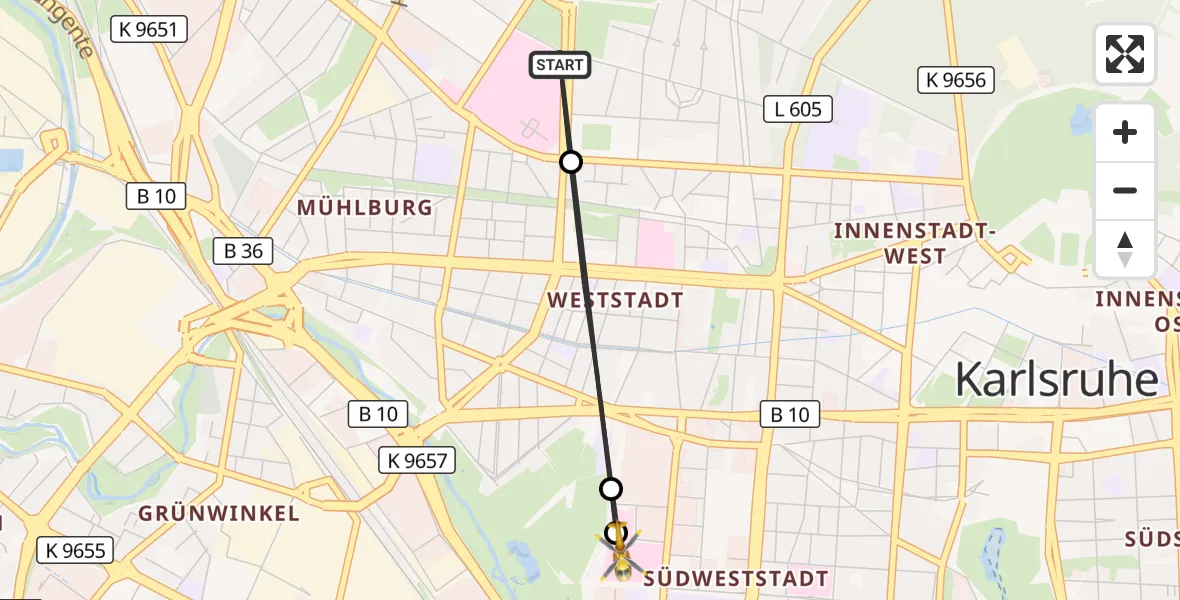 Flugroute Ambulanzhubschrauber Karlsruhe - Sankt Vincentius Hospital, 20 August 2026, 16:52
