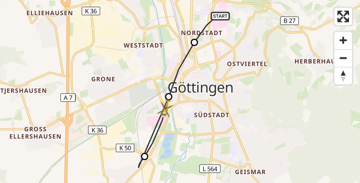 Flugroute Rettungshubschrauber Göttingen University Clinic Hubschrauberlandeplatz - Göttingen, 20 August 2026, 17:21