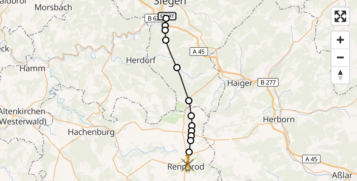 Flugroute Rettungshubschrauber Evangelisches Jung-Stilling Hospital - Rennerod, 20 August 2026, 17:37