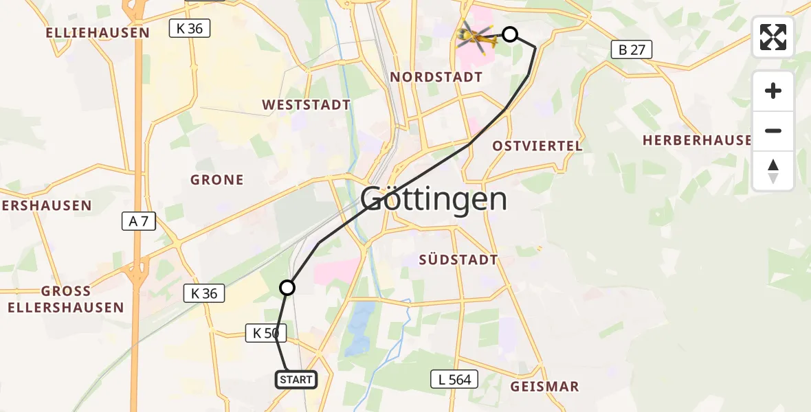 Flugroute Rettungshubschrauber Rosdorf - Göttingen University Clinic Hubschrauberlandeplatz, 20 August 2026, 17:57
