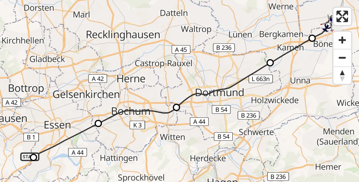 Flugroute Polizeihubschrauber Essen-Mülheim Flughafen - Hamm, 20 August 2026, 17:59