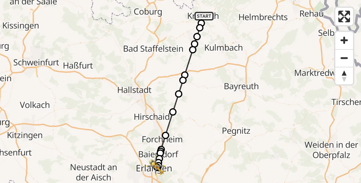 Flugroute Ambulanzhubschrauber Kronach - Erlangen University Hospital Ebrardstraße, 20 August 2026, 18:00
