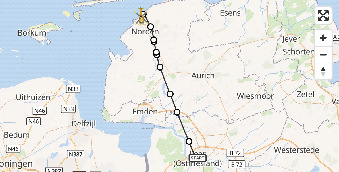 Flugroute Ambulanzhubschrauber Leer (Ostfriesland) - Norden-Norddeich Flughafen, 20 August 2026, 18:09