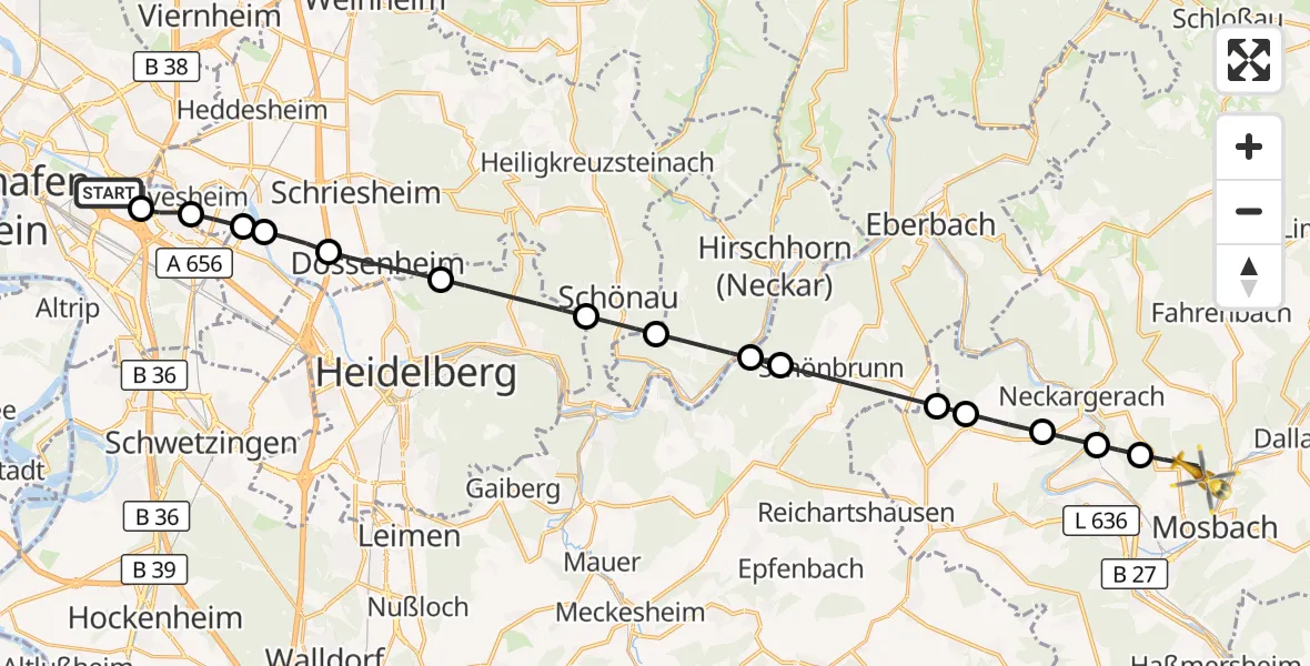 Flugroute Rettungshubschrauber Mannheim-City Flughafen - Mosbach, 20 August 2026, 18:19