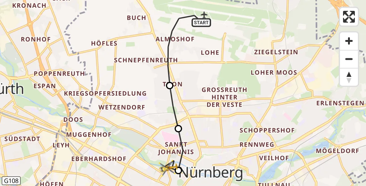 Flugroute Rettungshubschrauber Flughafen Nuremberg - Deutschherrnwiese Hubschrauberlandeplatz, 20 August 2026, 18:25