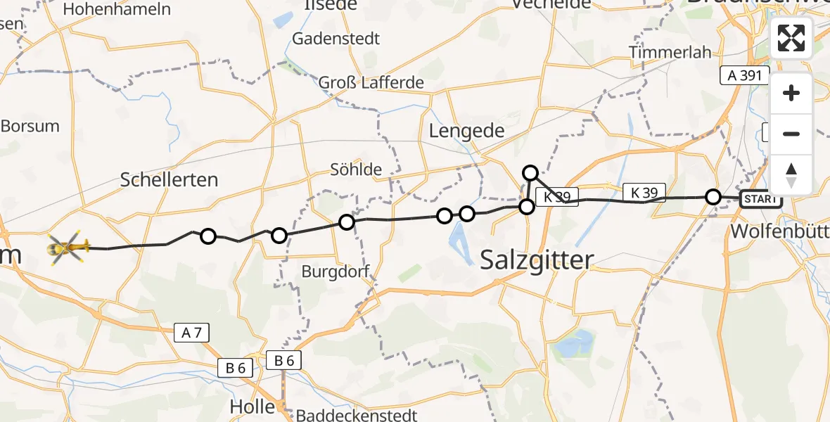 Flugroute Rettungshubschrauber Wolfenbüttel - Hildesheim, 20 August 2026, 18:25