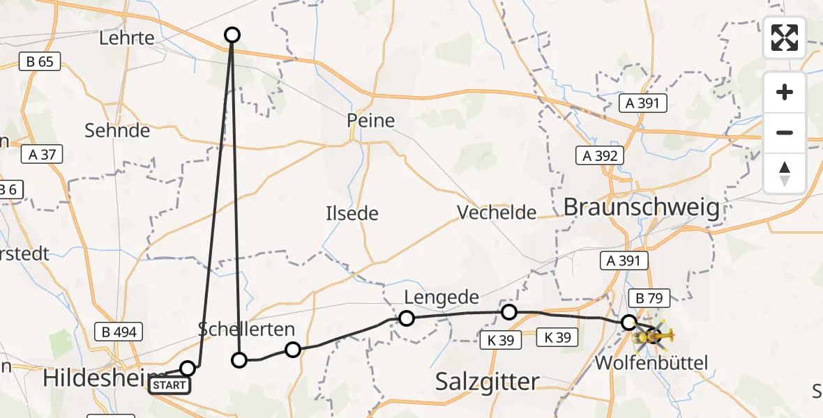 Flugroute Rettungshubschrauber Hildesheim - Wolfenbüttel Municipal Hospital Heliport (Christoph 30), 20 August 2026, 18:52