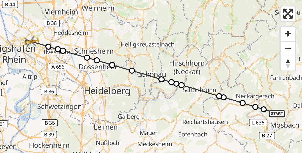 Flugroute Rettungshubschrauber Mosbach - Mannheim, 20 August 2026, 18:53