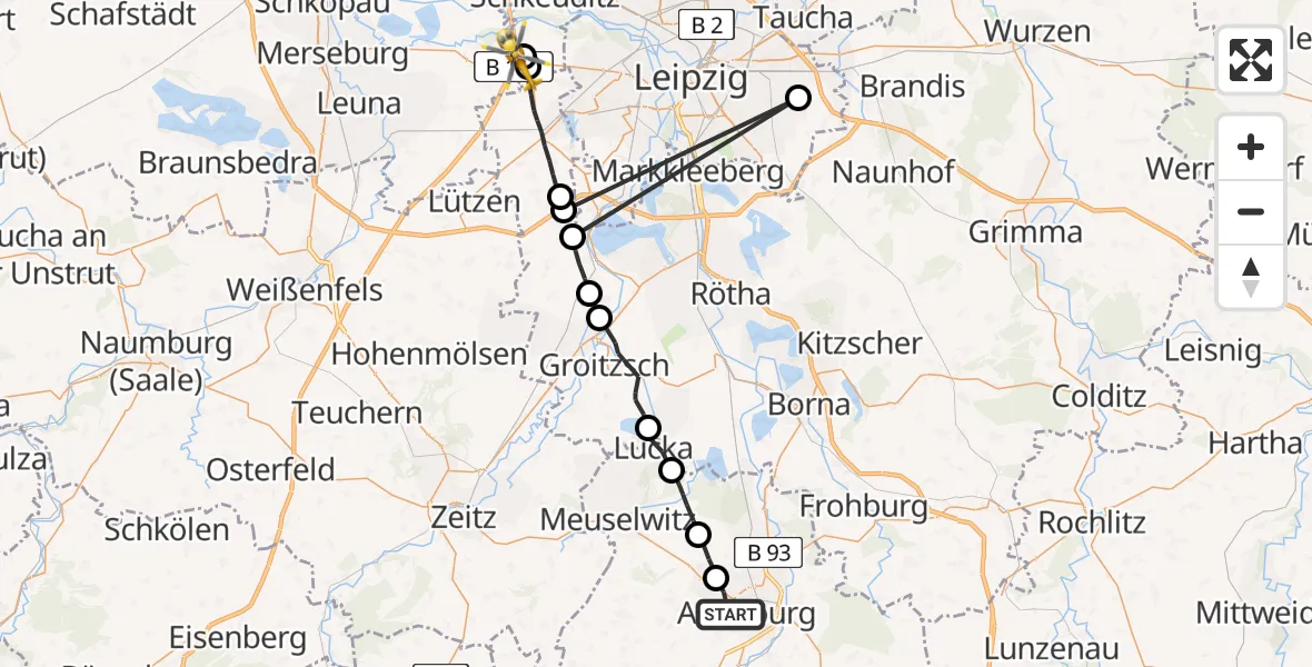 Flugroute Rettungshubschrauber Altenburg - ADAC Air Rescue Station Leipzig/Schkeuditz-Dölzig Hubschrauberlandeplatz (Christoph 61), 20 August 2026, 18:55