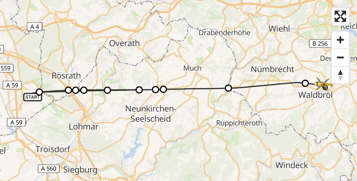 Flugroute Ambulanzhubschrauber Köln Bonn Flughafen - Waldbröl, 20 August 2026, 19:09