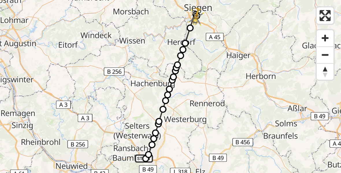 Flugroute Rettungshubschrauber Dernbach Sacred Heart Hospital - Evangelisches Jung-Stilling Hospital, 20 August 2026, 19:12