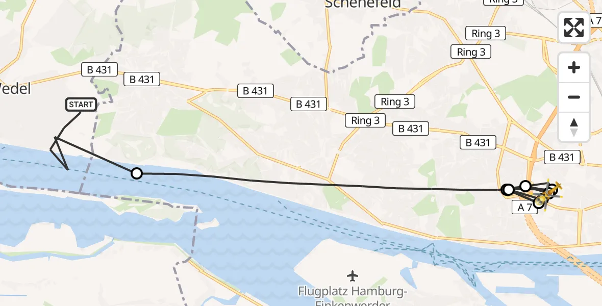 Flugroute Rettungshubschrauber Wedel - Asklepios Klinik Altona Hubschrauberlandeplatz, 20 August 2026, 19:14
