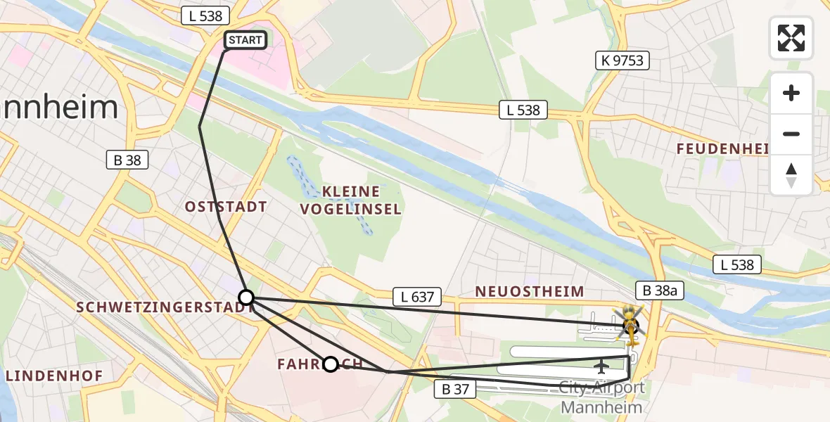 Flugroute Rettungshubschrauber Mannheim - Mannheim-City Flughafen, 20 August 2026, 19:16