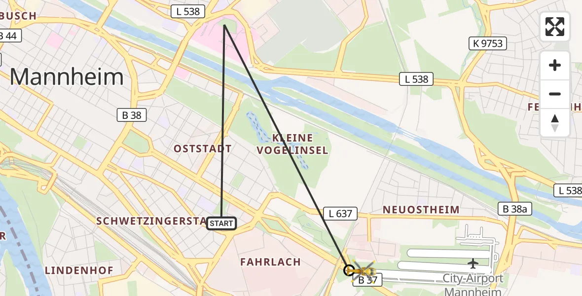 Flugroute Rettungshubschrauber Mannheim - Mannheim-City Flughafen, 20 August 2026, 19:22