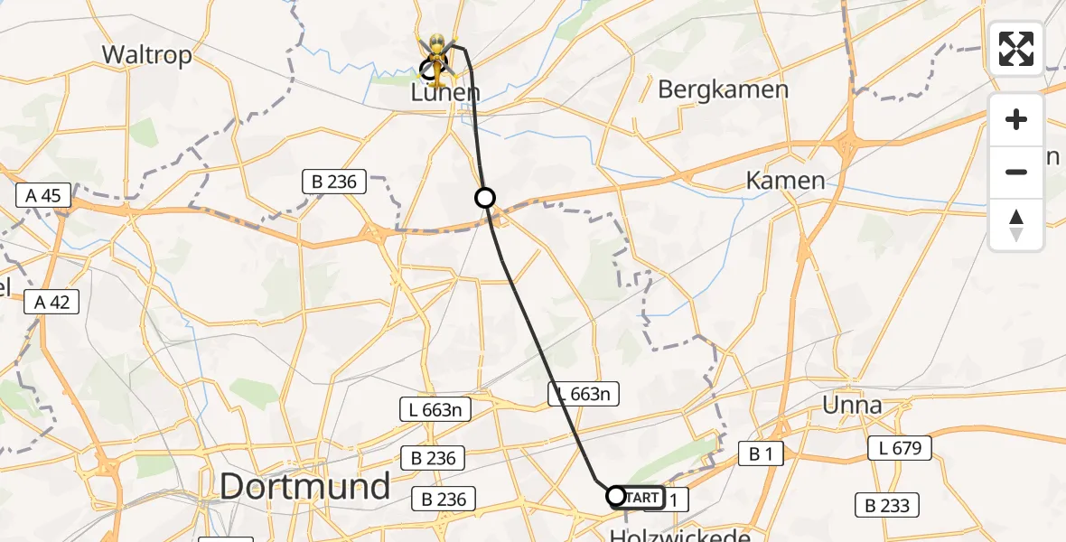 Flugroute Rettungshubschrauber Dortmund Flughafen - Sankt Marien Hospital Hubschrauberlandeplatz, 20 August 2026, 19:22