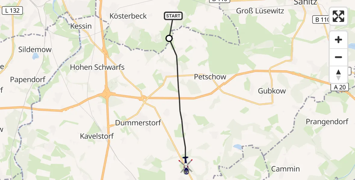 Flugroute Polizeihubschrauber Broderstorf - Dummerstorf, 20 August 2026, 20:09