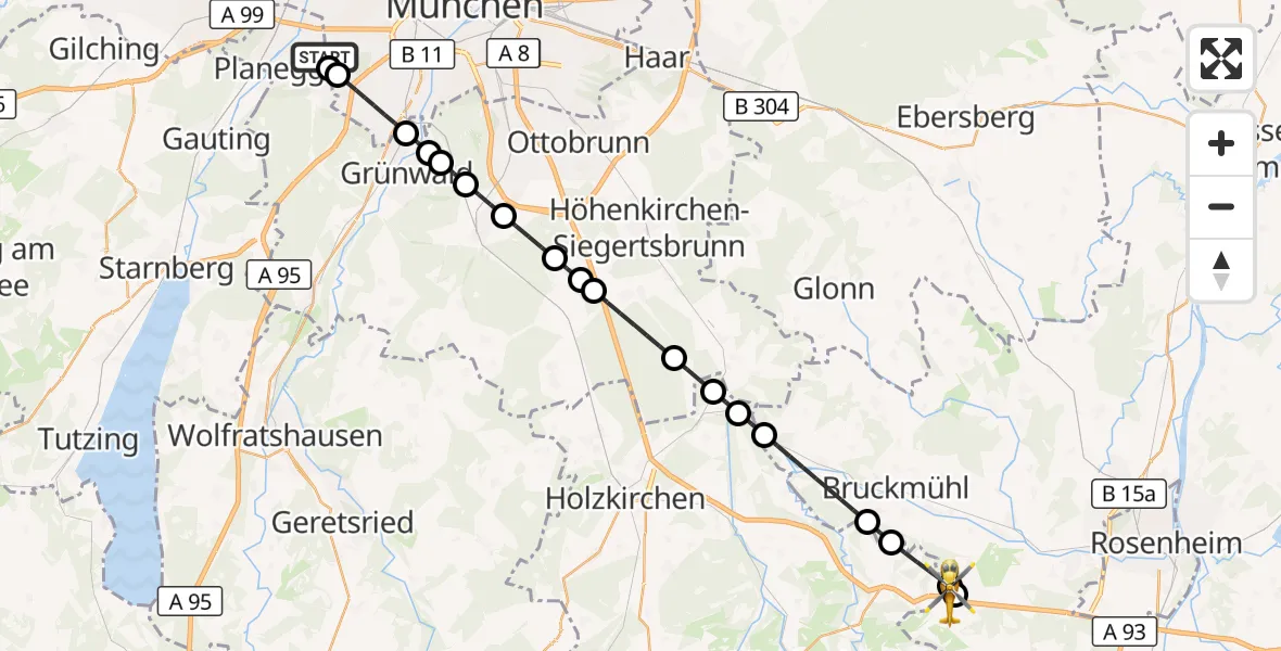 Flugroute Rettungshubschrauber DRF Air Rescue München Hubschrauberlandeplatz - Bad Feilnbach, 20 August 2026, 20:14