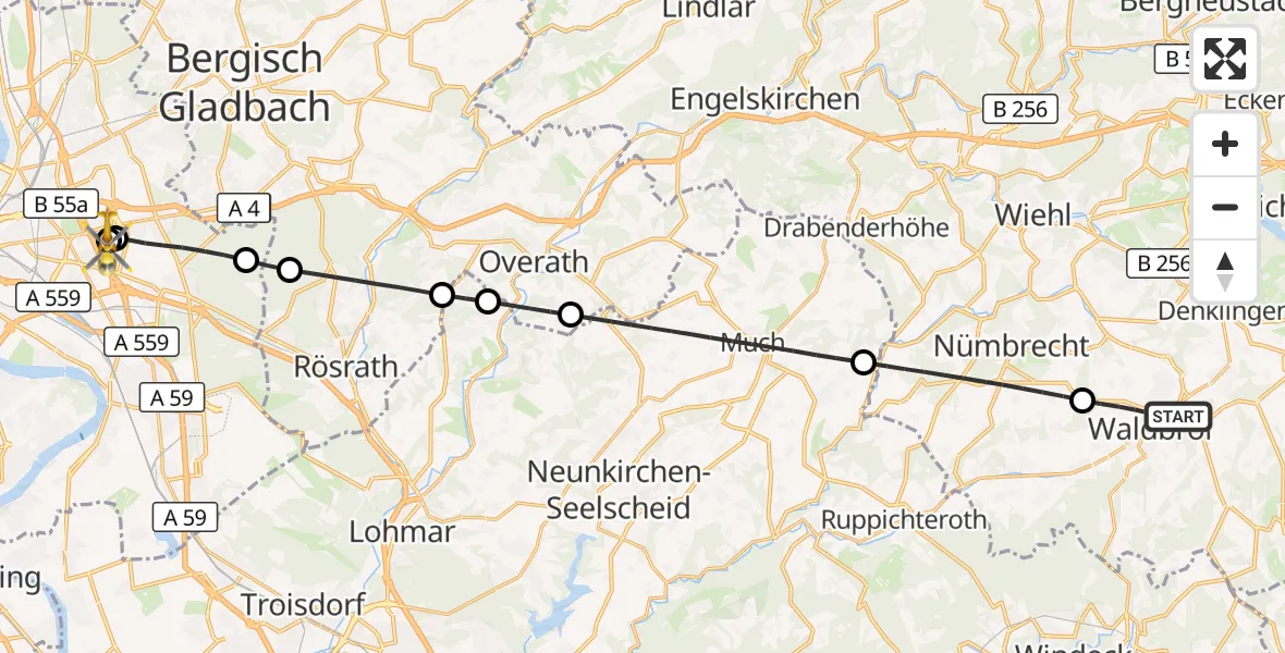 Flugroute Ambulanzhubschrauber Waldbröl - Merheim Hospital, 20 August 2026, 20:38