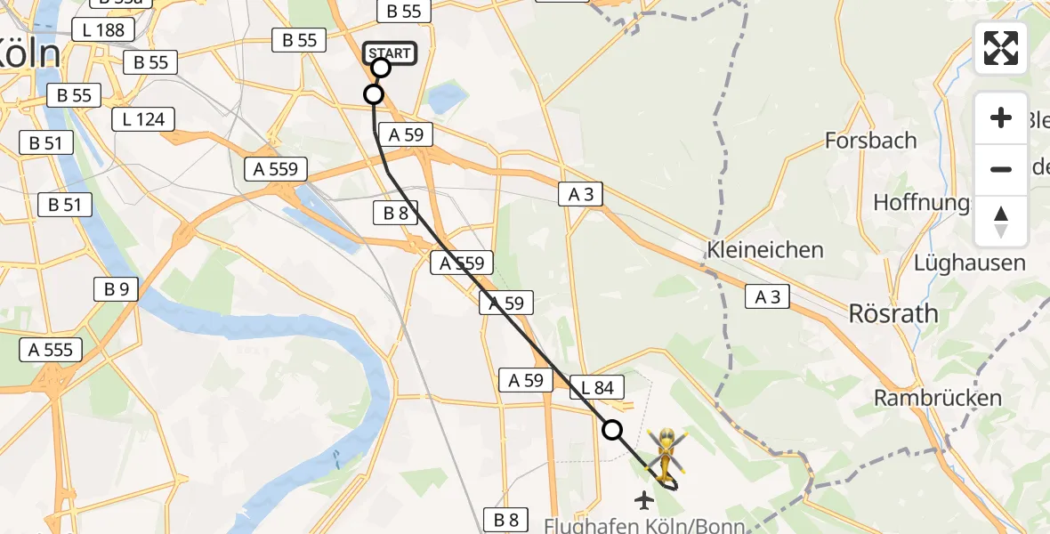 Flugroute Ambulanzhubschrauber Merheim Hospital - Köln Bonn Flughafen, 20 August 2026, 21:18