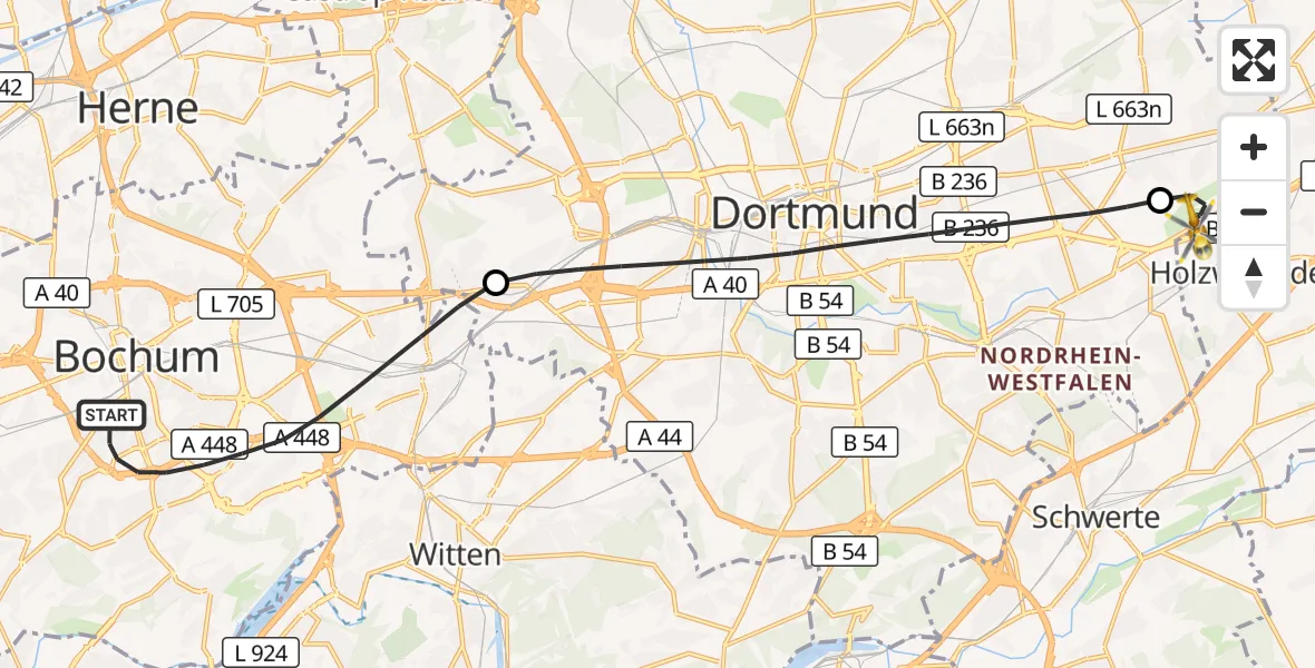 Flugroute Rettungshubschrauber Bochum - Dortmund Flughafen, 20 August 2026, 21:31
