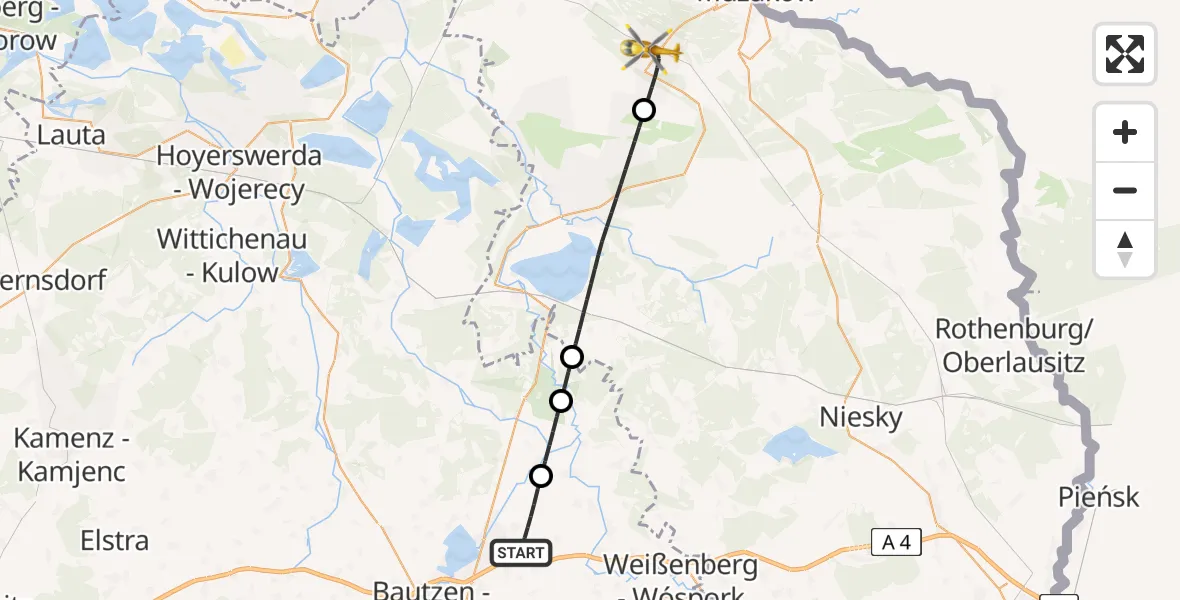 Flugroute Rettungshubschrauber Malschwitz - Weißwasser/O.L., 20 August 2026, 21:42