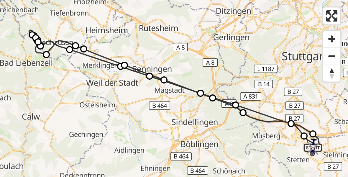 Flugroute Polizeihubschrauber Flughafen Stuttgart - Flughafen Stuttgart, 20 August 2026, 23:09