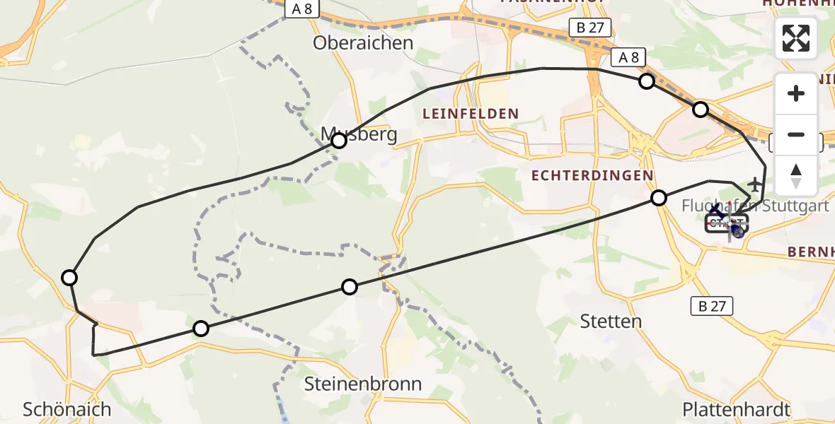 Flugroute Polizeihubschrauber Flughafen Stuttgart - Flughafen Stuttgart, 21 August 2026, 02:52