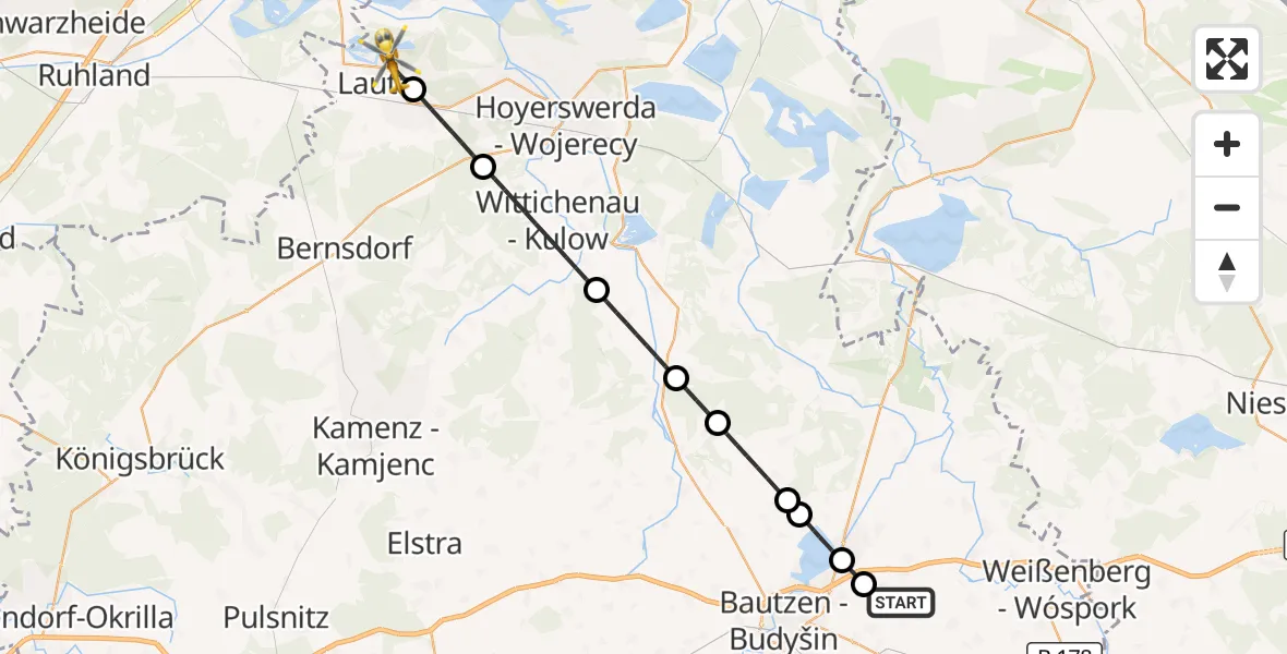 Flugroute Rettungshubschrauber Bautzen Flugplatz - Lauta, 21 August 2026, 04:12