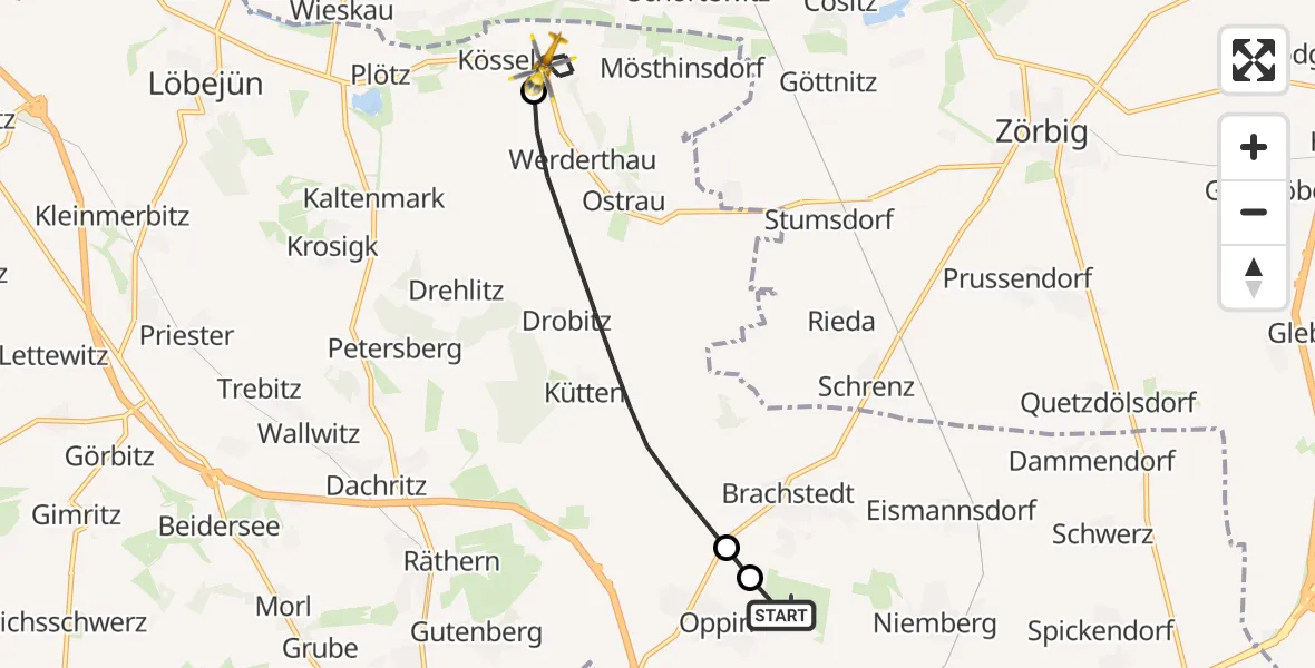 Flugroute Rettungshubschrauber Halle-Oppin Flugplatz - Wettin-Löbejün, 21 August 2026, 04:31