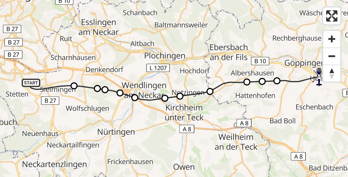 Flugroute Polizeihubschrauber Flughafen Stuttgart - Göppingen, 21 August 2026, 05:05