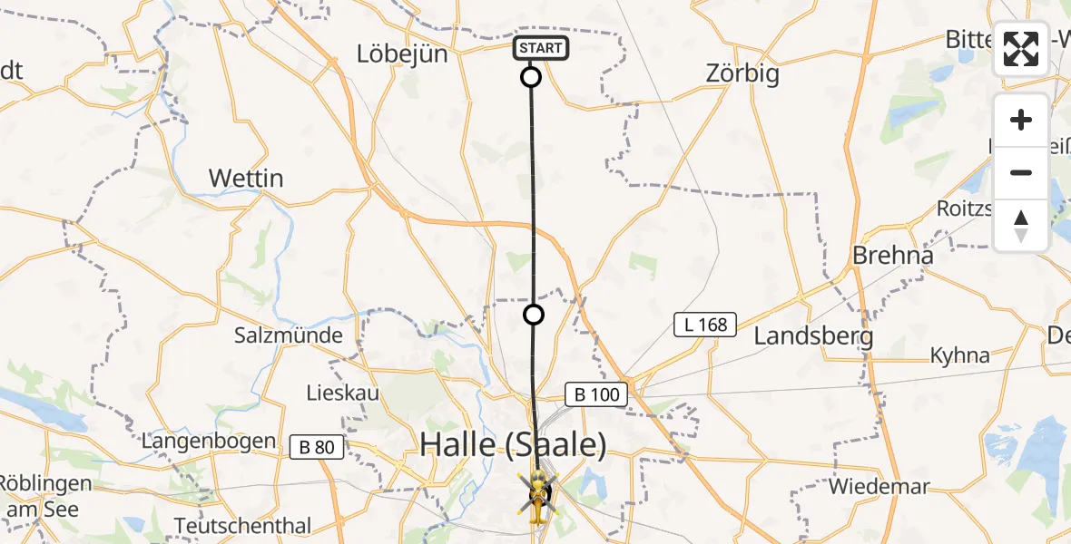Flugroute Rettungshubschrauber Wettin-Löbejün - BG Hospital Bergmannstrost Halle, 21 August 2026, 05:06