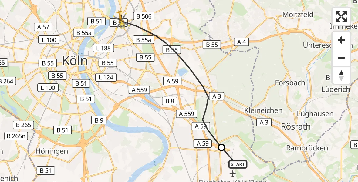 Flugroute Rettungshubschrauber Köln Bonn Flughafen - Köln, 21 August 2026, 05:29