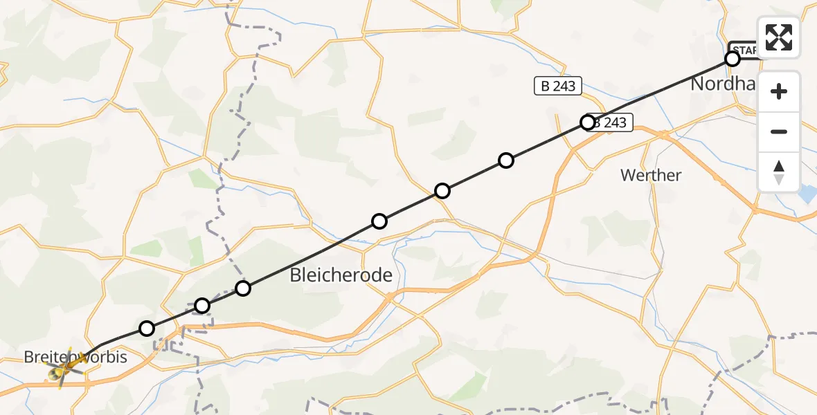 Flugroute Rettungshubschrauber Südharz Hospital Nordhausen - Breitenworbis, 21 August 2026, 05:31