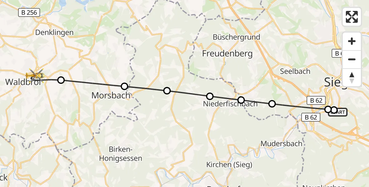 Flugroute Rettungshubschrauber Evangelisches Jung-Stilling Hospital - Waldbröl, 21 August 2026, 05:46