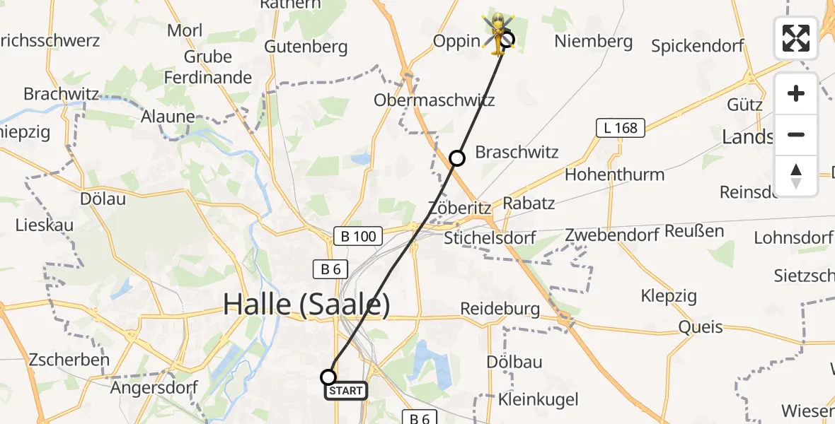 Flugroute Rettungshubschrauber BG Hospital Bergmannstrost Halle - Halle-Oppin Flugplatz, 21 August 2026, 05:48