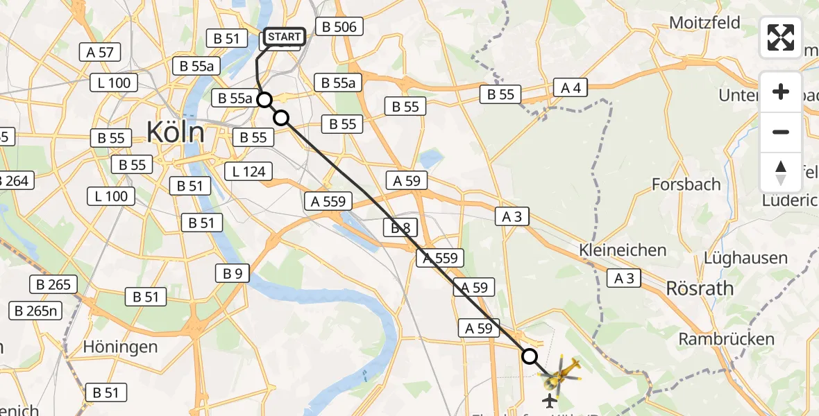 Flugroute Rettungshubschrauber Köln - Köln Bonn Flughafen, 21 August 2026, 05:54