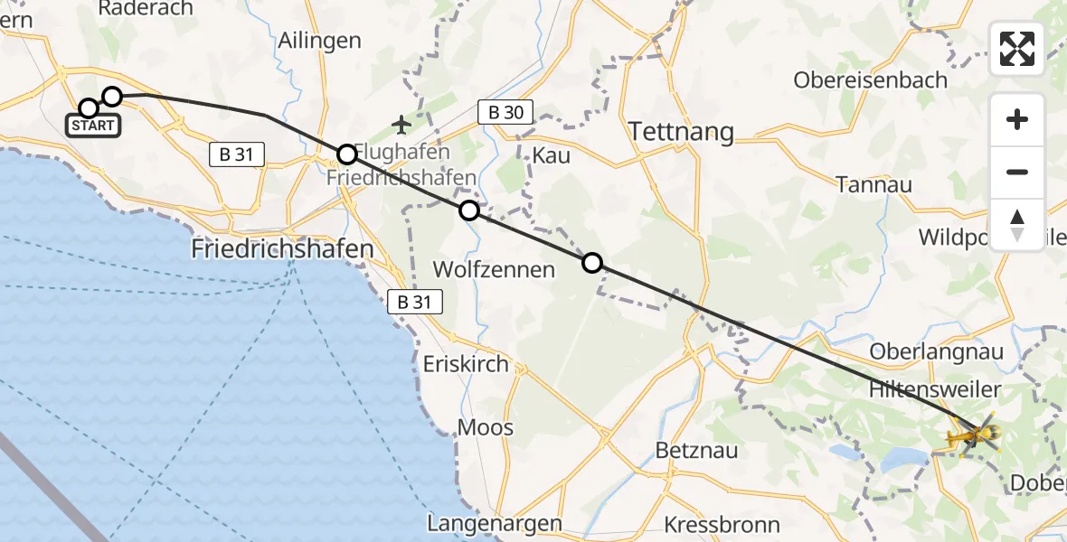 Flugroute Rettungshubschrauber Friedrichshafen Hospital - Tettnang, 21 August 2026, 05:54
