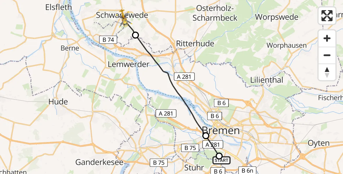 Flugroute Rettungshubschrauber Bremen - Schwanewede, 21 August 2026, 06:05