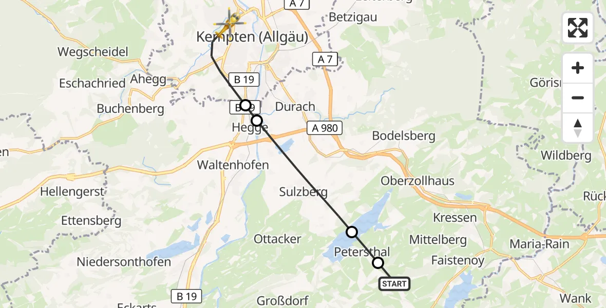Flugroute Rettungshubschrauber Wertach - Kempten (Allgäu), 21 August 2026, 06:09