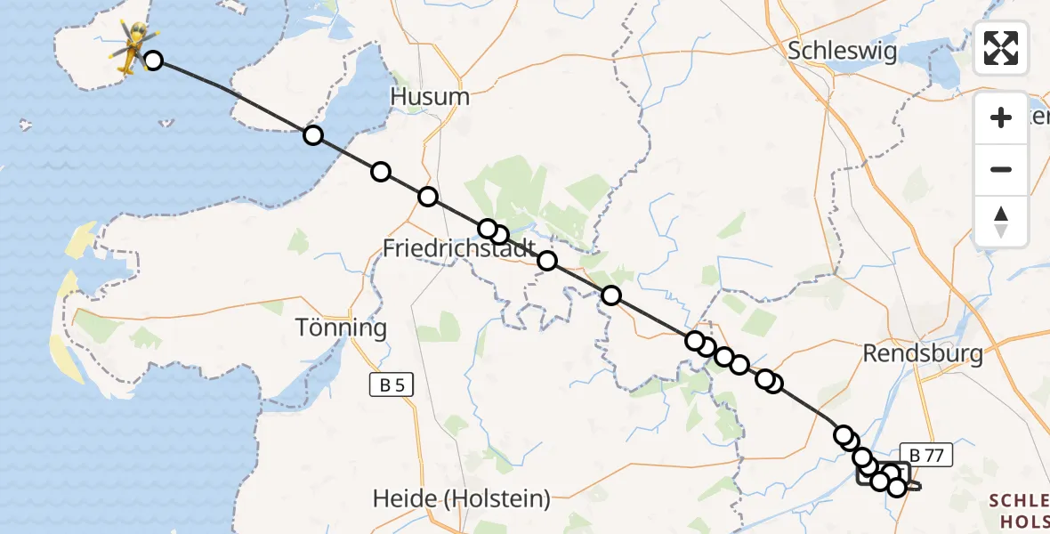 Flugroute Ambulanzhubschrauber Hörsten - Pellworm, 21 August 2026, 06:10