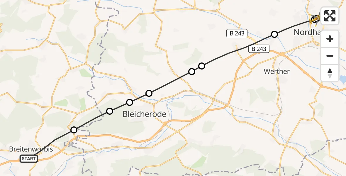 Flugroute Rettungshubschrauber Breitenworbis - Südharz Hospital Nordhausen, 21 August 2026, 06:14